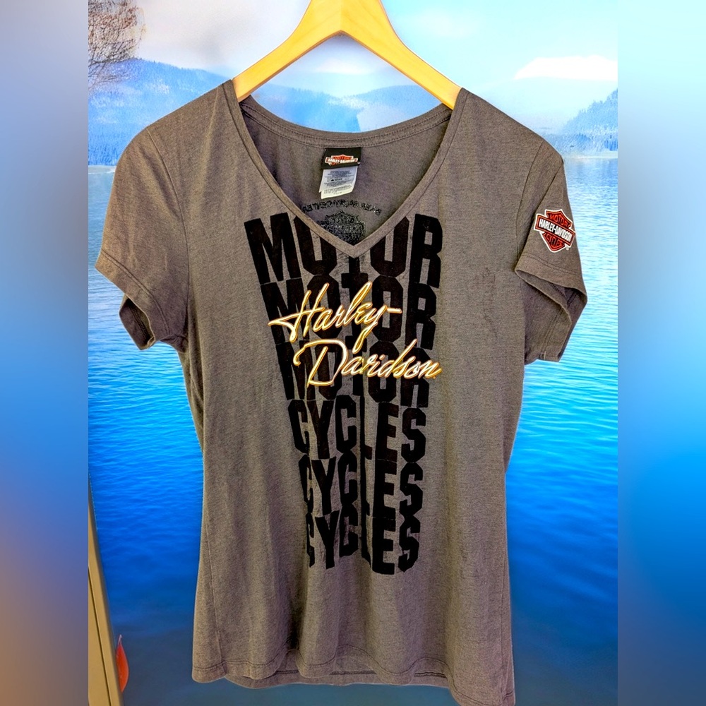 Harley Davidson Women’s V neck short sleeve shirt
Grey cotton poly blend